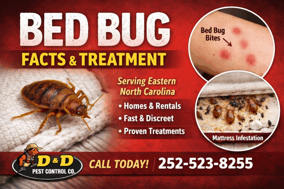 Bed bug Treatment by D & D Pest Control Co. serving homes in Greenville, Snow Hill, Trenton, Jacksonville, Goldsboro, North Carolina