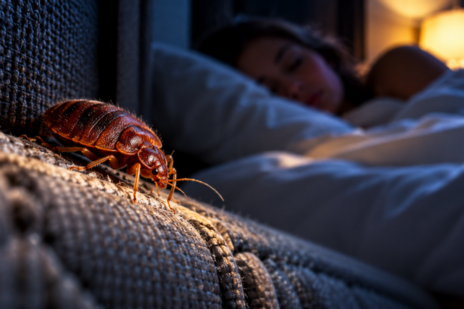 Bed bug crawling along a mattress seam near a sleeping person, illustrating how bed bugs use carbon dioxide, body heat and human odors to find a host.