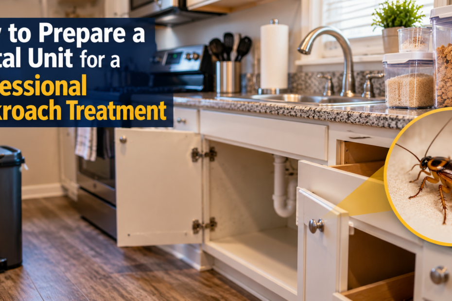 Clean rental unit kitchen prepared for professional cockroach treatment with open cabinets, sealed food containers, accessible plumbing, and German cockroach identification.