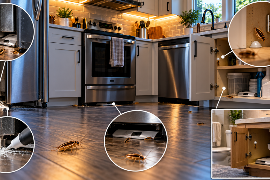 DIY German cockroach treatment plan showing gel bait in kitchen cabinets, insecticidal dust under appliances, and sticky roach traps in kitchen and bathroom areas.