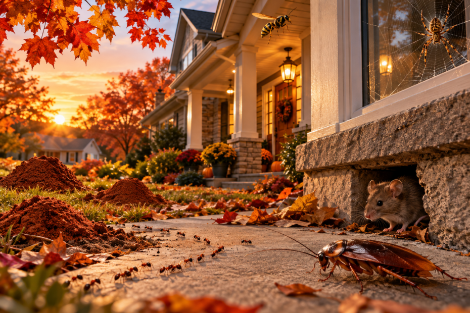 Common fall pest problems in Snow Hill, NC, including rodents, American cockroaches, ants, wasps, fire ant mounds, and spiders around a home.