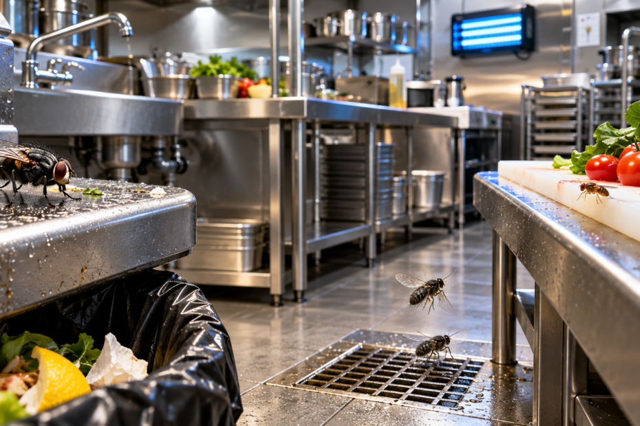 Commercial kitchen fly control showing house flies, fruit flies and drain flies near food prep surfaces, trash and a floor drain in a restaurant kitchen.