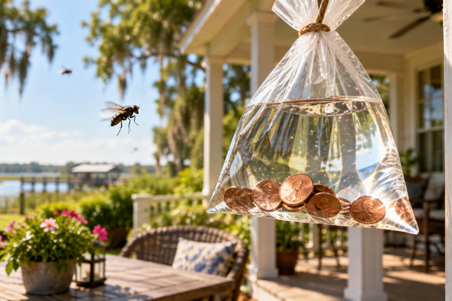 Clear plastic bag filled with water and shiny pennies hanging near a house fly, illustrating the popular homemade fly repellent myth.