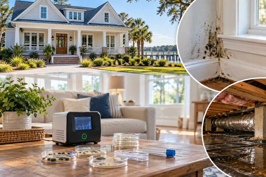 Mold testing and indoor air quality testing in an Eastern North Carolina home with air sampling equipment, visible mold, and crawlspace moisture concerns.