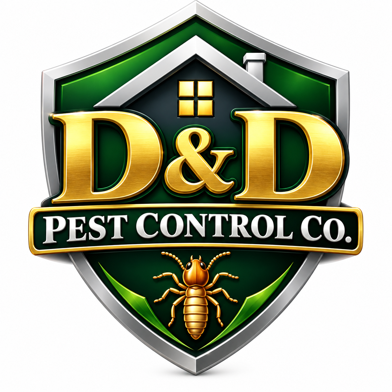 D & D Pest Control Co. logo featuring a green shield, house design, and termite icon for pest and termite control in Eastern North Carolina
