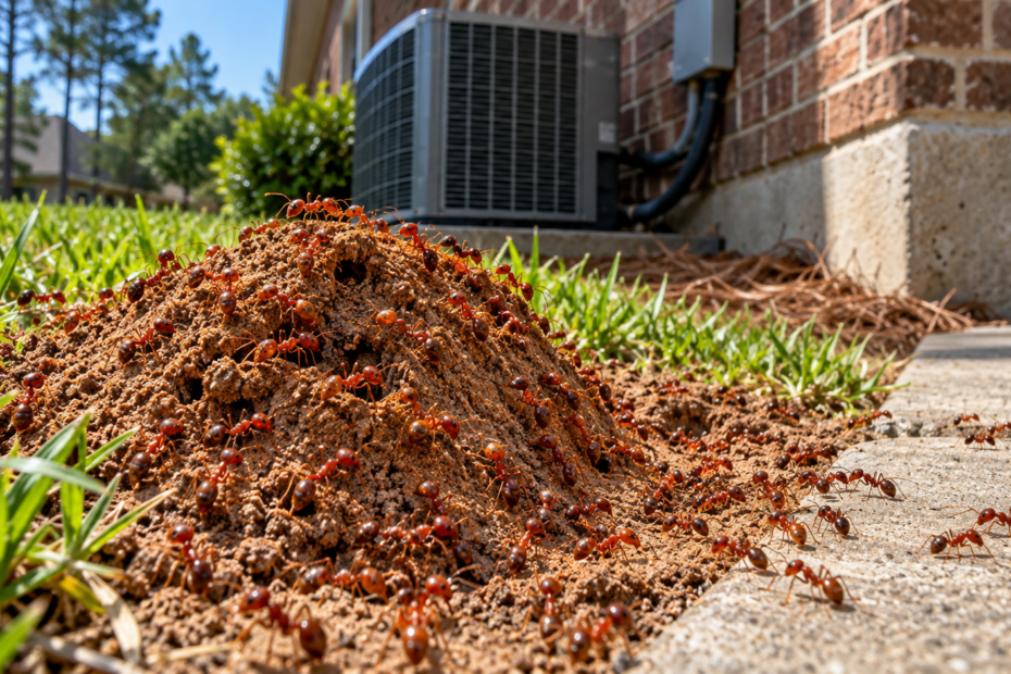Red imported fire ants swarming a soil mound beside a concrete walkway and outdoor HVAC unit at a home in Eastern North Carolina.