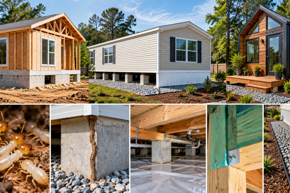 Termite treatment and prevention for new construction, modular homes, mobile homes, and tiny houses, featuring subterranean termites, foundation mud tubes, treated wood framing, crawlspace moisture barriers, and gravel perimeter protection in Eastern North Carolina.