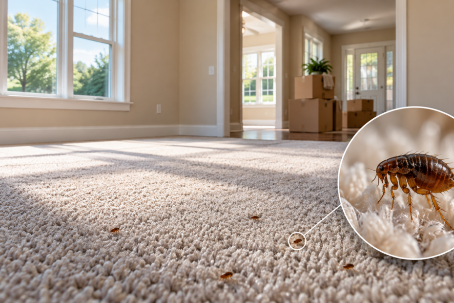 Move-out flea treatment in Jacksonville and Richlands, NC, showing fleas in freshly cleaned rental home carpeting with a magnified close-up of an adult flea.
