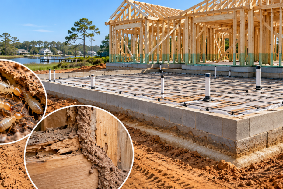 New construction termite pre-treatment in Eastern North Carolina showing a home foundation prepared for concrete pouring, exposed wood framing, subterranean termites, and termite mud tubes highlighting the importance of pre-slab termite protection.