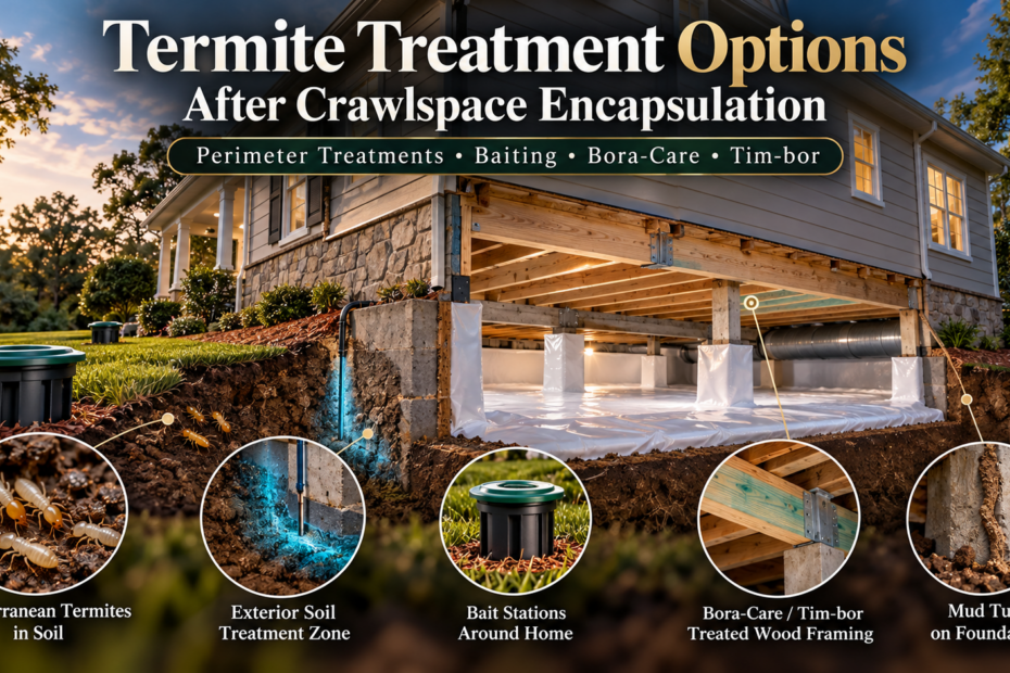 Termite treatment options after crawlspace encapsulation in Eastern North Carolina, showing Termidor perimeter soil treatment, termite bait stations, Bora-Care and Tim-bor wood protection, and subterranean termite activity around a home's foundation.