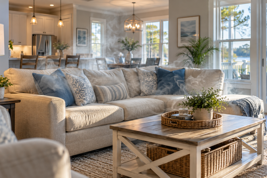 Modern Eastern North Carolina home interior with lingering smoke haze, illustrating marijuana and cannabis smoke odor treatment and professional ozone services.
